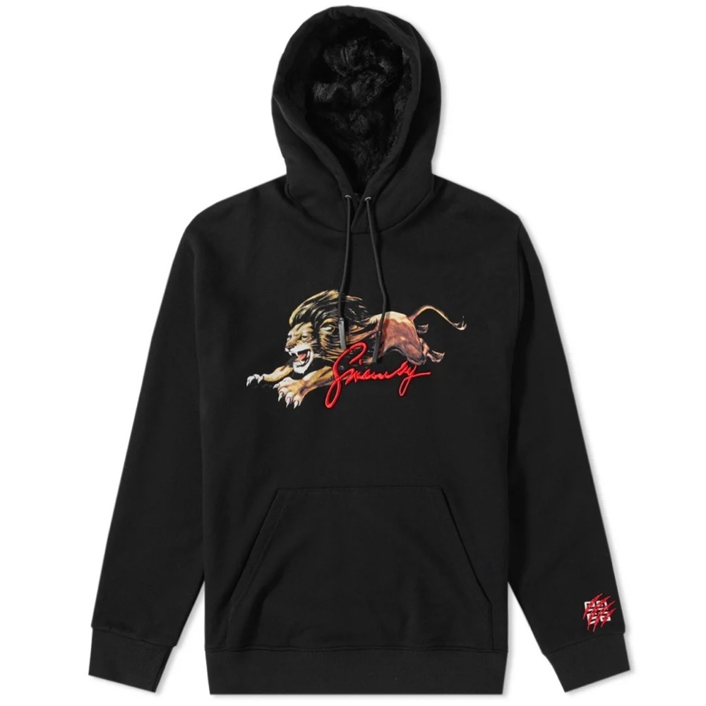 Givenchy Lion Leo Print Embroidered Faux Fur Lined Hood Size Small Black Hoodie